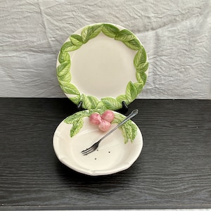 Vintage, Frans, SILEA, majolica, rond, radijskom en bord, bessenafdruiprek, vergiet, landelijke keuken