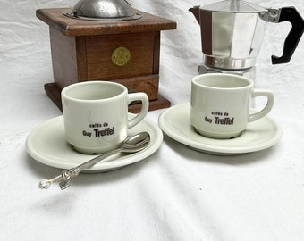 2 x APILCO, Guy Treffel, tasses à expresso et soucoupes, blanc cassé, porcelaine, vaisselle de bistrot française, articles publicitaires