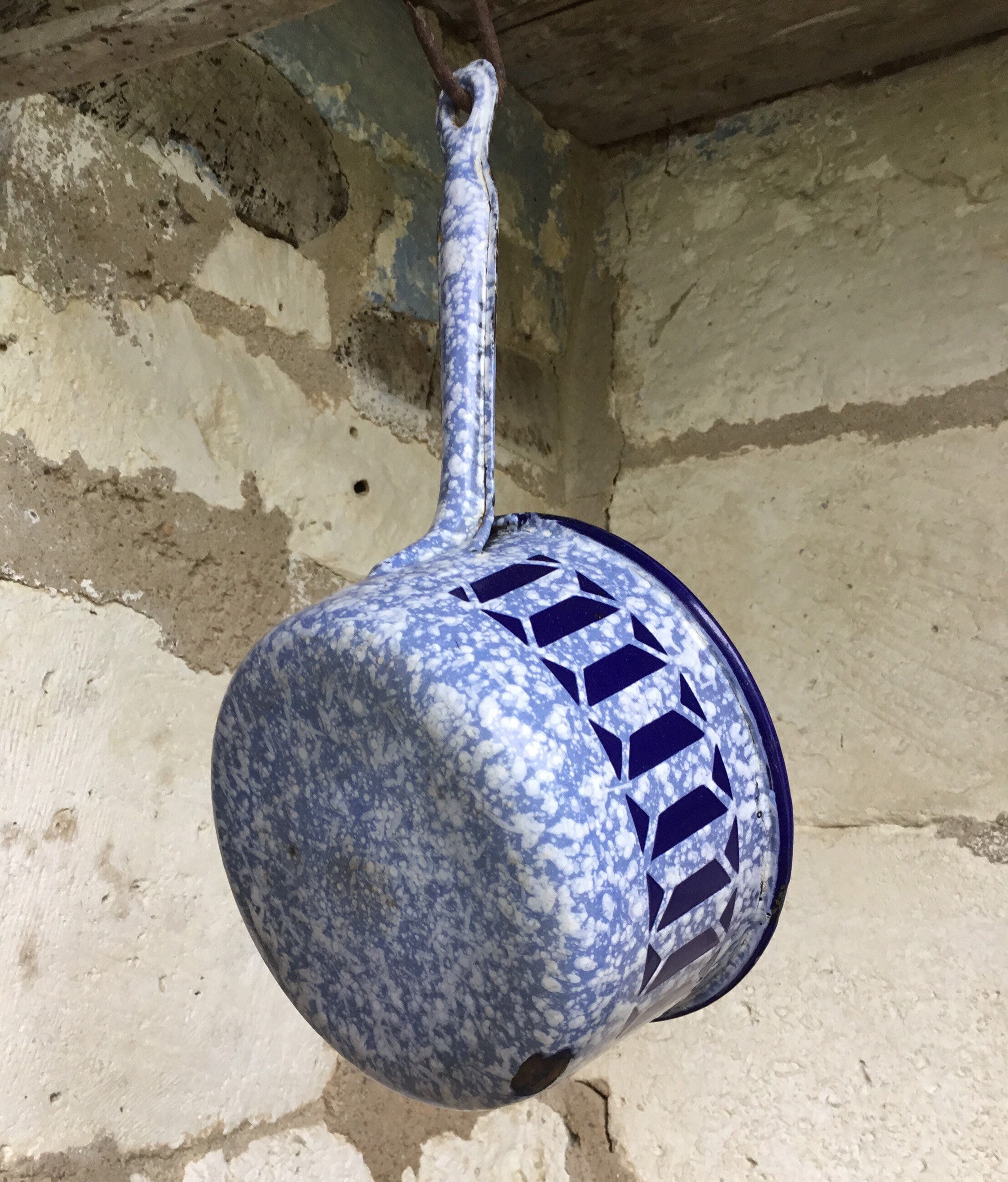 Vintage, Français, Bleu Moucheté, Casserole en Émail, Ferme Français