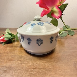 May include: White ceramic serving bowl with a lid, decorated with blue floral patterns. The bowl has two small handles and a knob on the lid. A pink rose and green leaves are in the background. This decorative bowl is suitable for serving soups or stews.