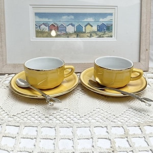 Set of 2 Authenic Apilco Yves Deshoulieres, Yellow and Gold, Small Espresso Cups and Saucers, French Bistro Crockery