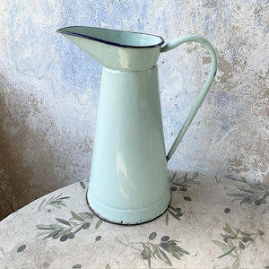 1950s, French, Pale Green, Enamel, Jug, Water Pitcher, Flower Vase, Shabby Chic, Rustic Farmhouse, Country Kitchen