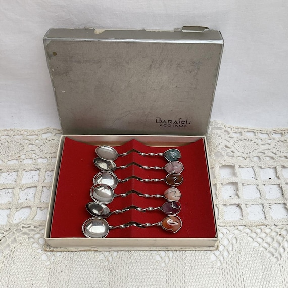 ヴィンテージ Barasch Symlar コーヒースプーン、銀メッキ、半貴石、6