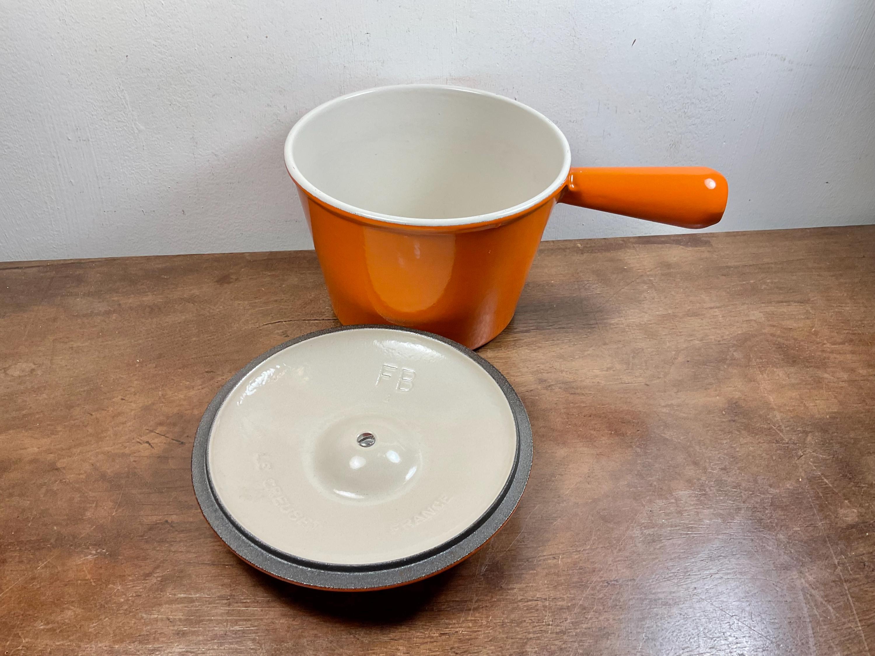 Red Volcano Cookware Vintage LE CREUSET Volcanic Orange Enamelled Cast Iron Lidded Fondue ...