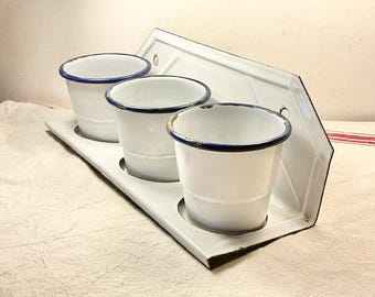 1930s French Enamel Herb Pot Rack: Shabby Chic Kitchen Decor