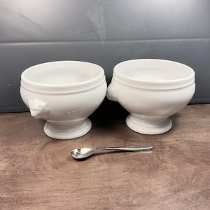 Set of 2 Authentic APILCO, White, Porcelain, Pedestal, Soup Bowls, Lion Head Handles, Onion Soup Bowls, Country Kitchen