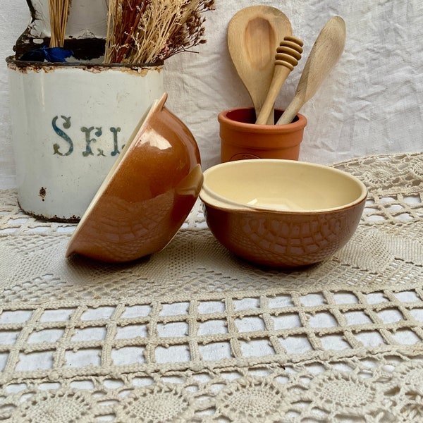 2 x French, Brown and Cream, Glazed Stoneware, Ear Handled, Café au Lait Bowls, Onion Soup Bowls, Cereal Bowls, Rustic Kitchen Style