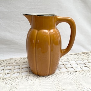 Rare!  1950s, ST UZE, La St Uzienne, “Citrouille”, Porcelain Stoneware, Jug, Pitcher, Caramel Colour, Silver Trim, Collectible