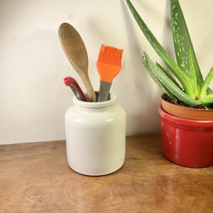 Könnte beinhalten: Ein weißer Keramik-Utensilienhalter mit einem Holzlöffel, einem roten und orangefarbenen Silikonpinsel und einem roten Küchenwerkzeug im Inneren. Der Halter steht auf einer Holzoberfläche neben einer Topfpflanze mit Aloe Vera.