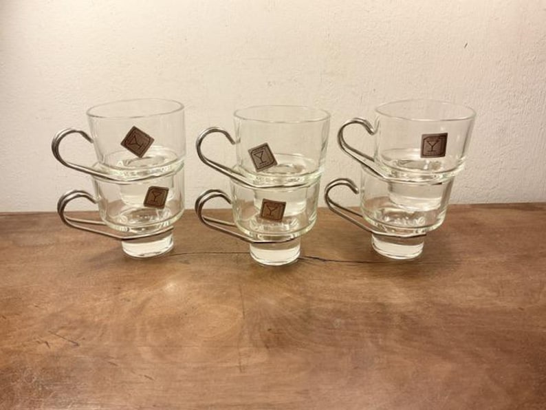 Vintage VEMAM Italian Espresso Cups - Clear Glass with Chrome Handles, Set of 6 image 2