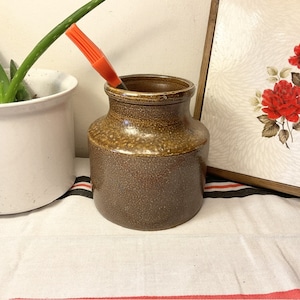 Vintage, French, Stoneware, Brown, Glazed, Mustard Pot, Storage Jar, Utensil Jar, Kitchen Crock, Rustic Kitchen, Farmhouse Decor