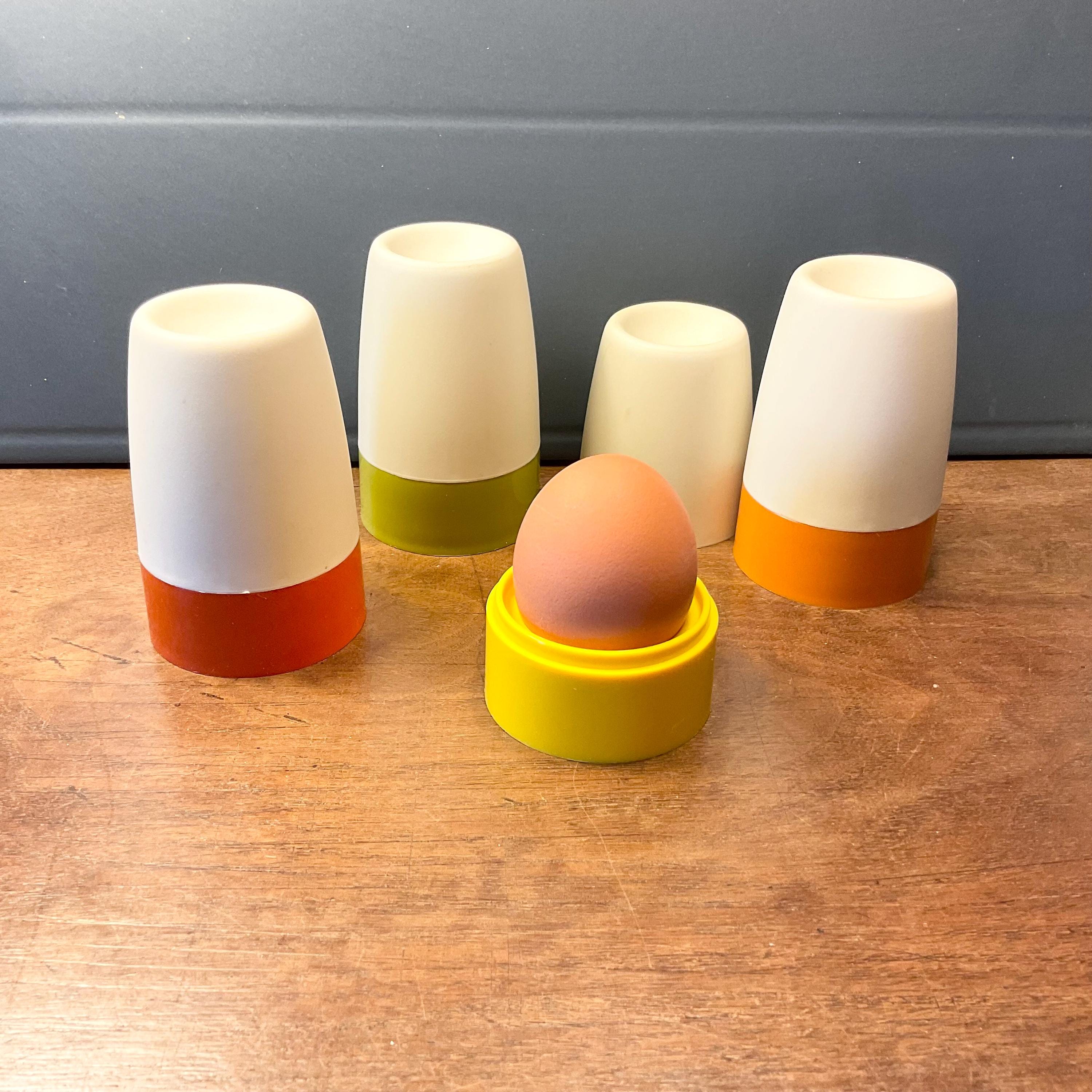 Set von 4, 1970er Jahre, Tupperware, Bedeckt, Eierbecher, Herbstliche Farben, Kitchenalia, Retro