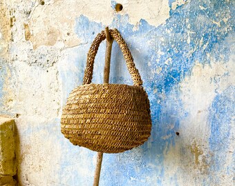 Reduced!  Early 20th Century, French, Handmade, Pleated, Reed, Gathering Basket, Flower Basket, Boho Chic, Rustic Farmhouse