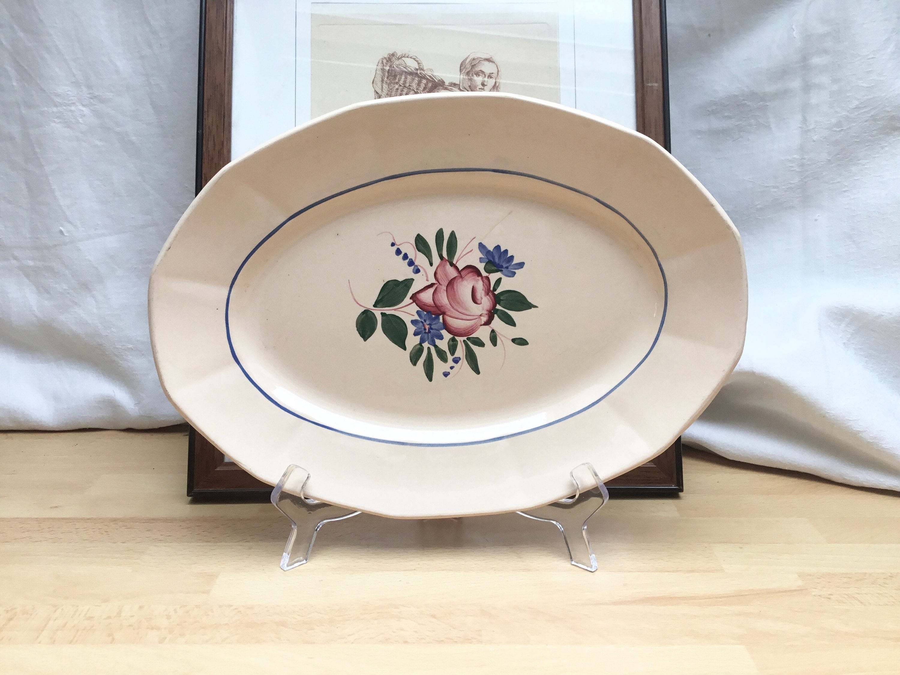 6 Assiettes à Fondue Majolica Sarreguemines Vintage 24 Cm, Céramique Beige