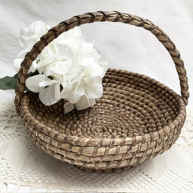 1950s, French, Round, Hand Woven, Coiled Rye Grass, Gathering Basket, Fruit Basket, Hoop Handle, Rustic, Farmhouse Decor