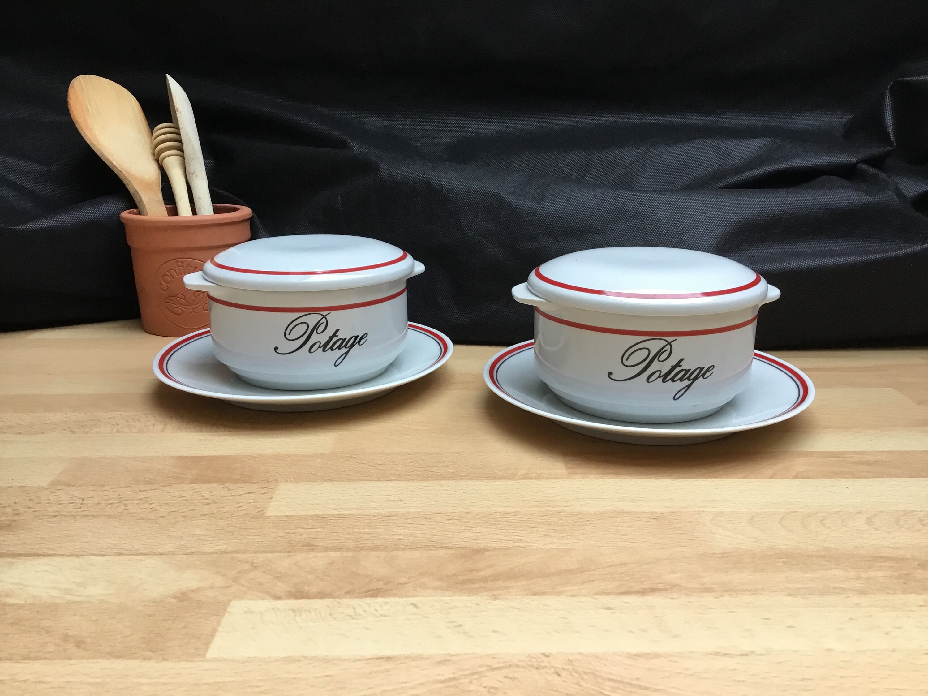 Vintage, Français, Porcelaine, Poignée d'oreille, Bols à Soupe Couvercle, Assiettes Latérales, Franç