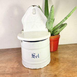 1940s French Enamel Salt Box with Wooden Lid