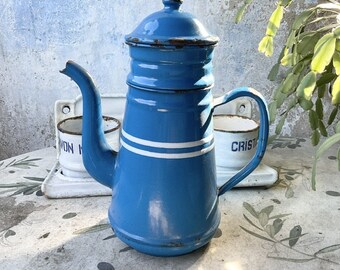 Années 1950, Français, Moyen, Plaque de cuisson, Cafetière, Bleu, Rayures blanches, Émail, Deux niveaux, Rustique, Cuisine de ferme