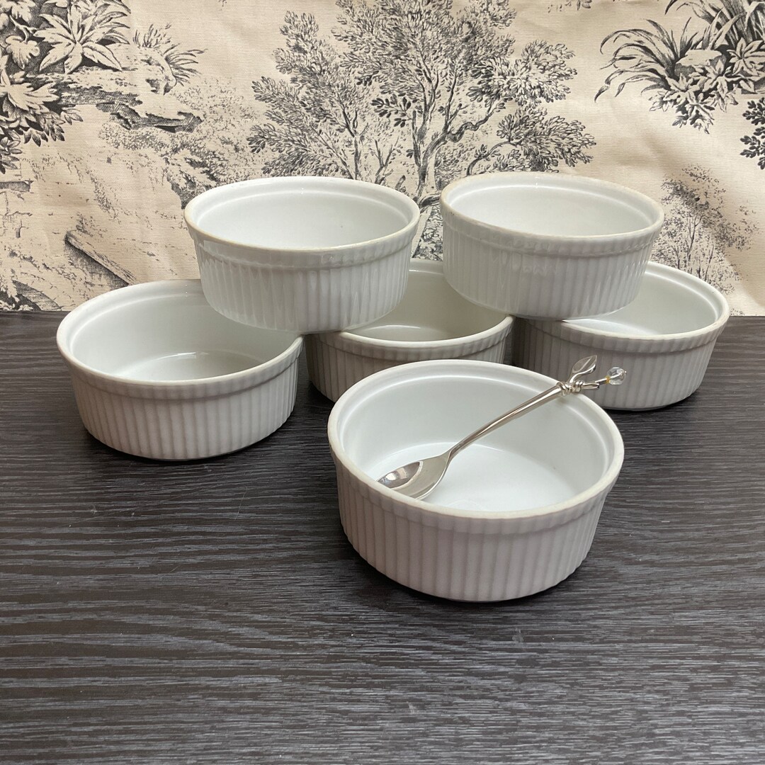 Set of 2, French, APILCO, Large, White, Porcelain, Ribbed, Ramekins