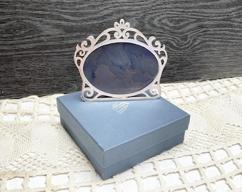 Vintage Silver Scenes Photo Frame: Ornate Oval Metal, Blue Velvet Back