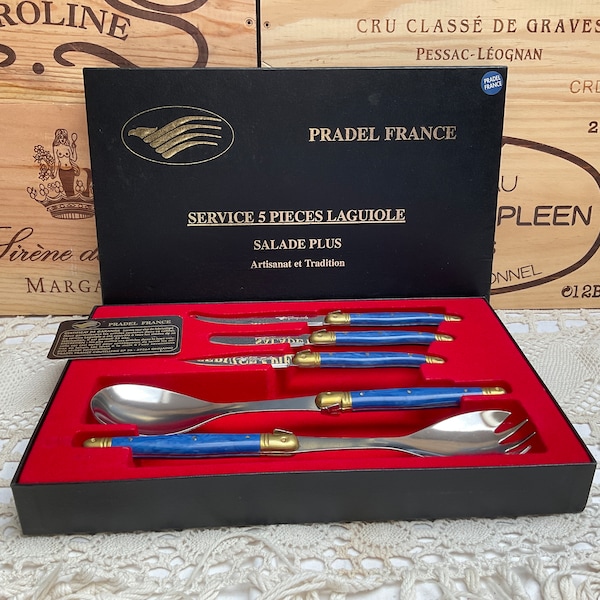 Reduced!  Authentic LAGUIOLE, Pradel, Salad Servers, Knives, Boxed, Blue Resin, Forged Bee Trademark, Tempered Stainless Steel, Flatware