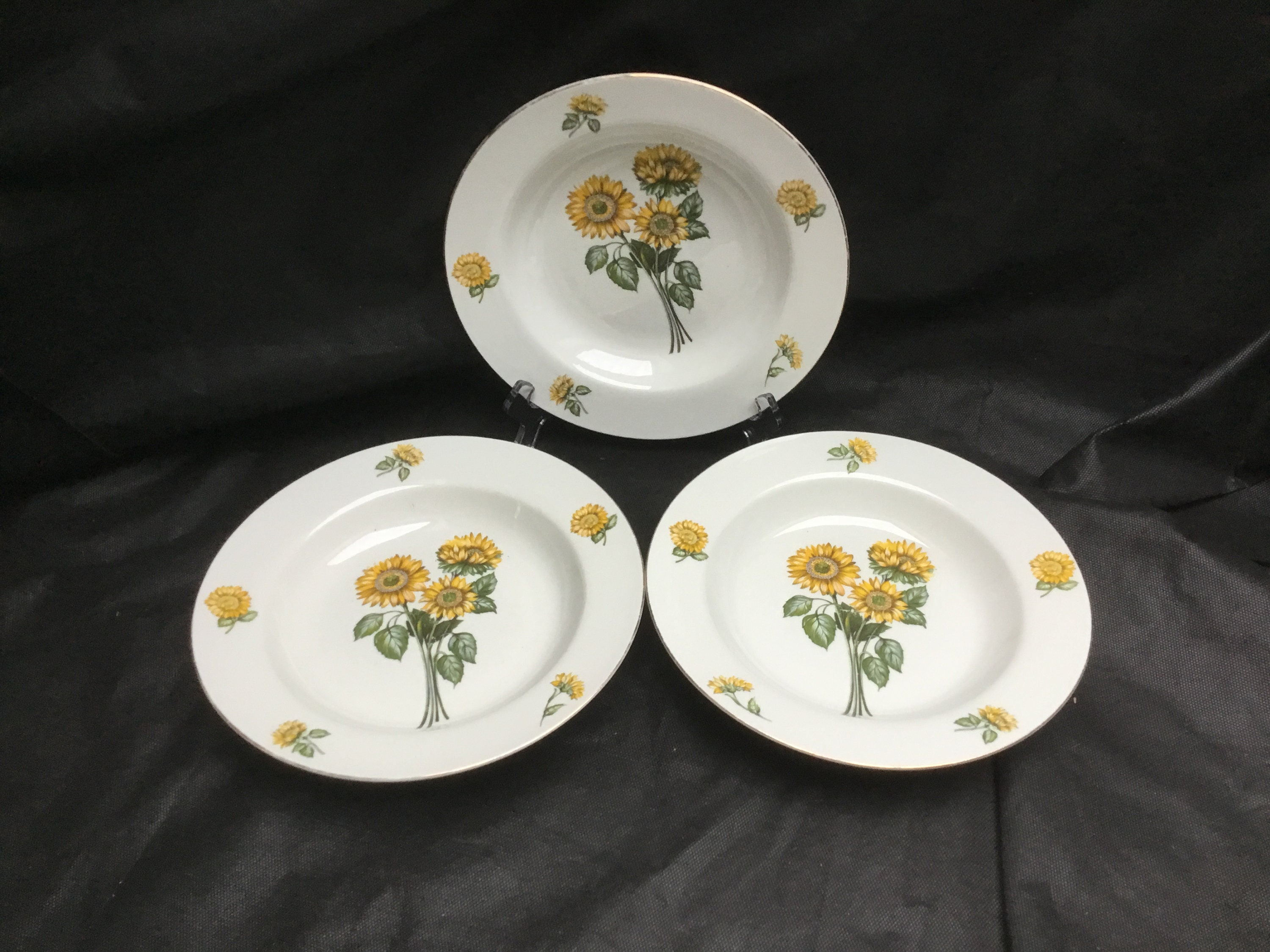 Set of 3, Yellow and White, Simex, Porcelain, Sunflower Pattern, Hollow Plates, Soup Bowls, Dessert Bowls