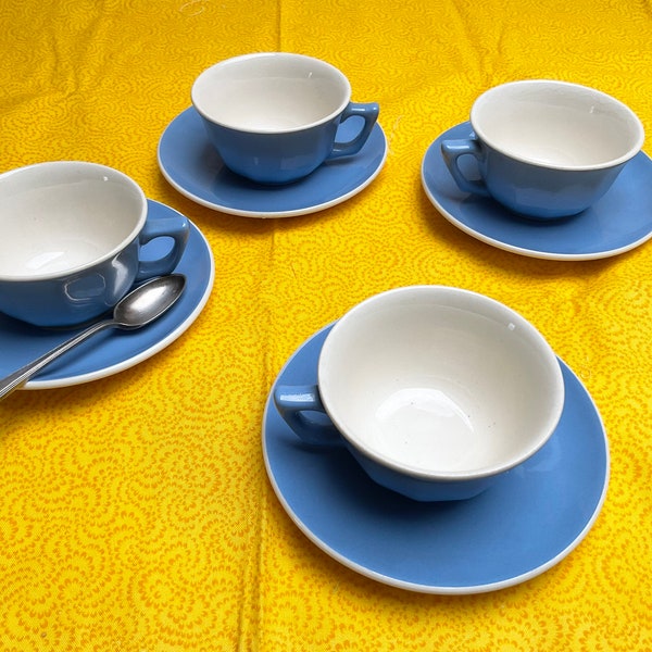 4er Set, 1950er Jahre, VILLEROY UND BOCH, Fayence, Blau und Creme, Kaffeetassen und Untertassen,