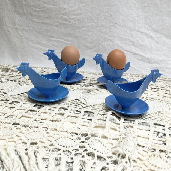 4 x Retro, Sonja DDR, Blau, Melamin, Eierbecher, Huhn Form, Kitchenalia