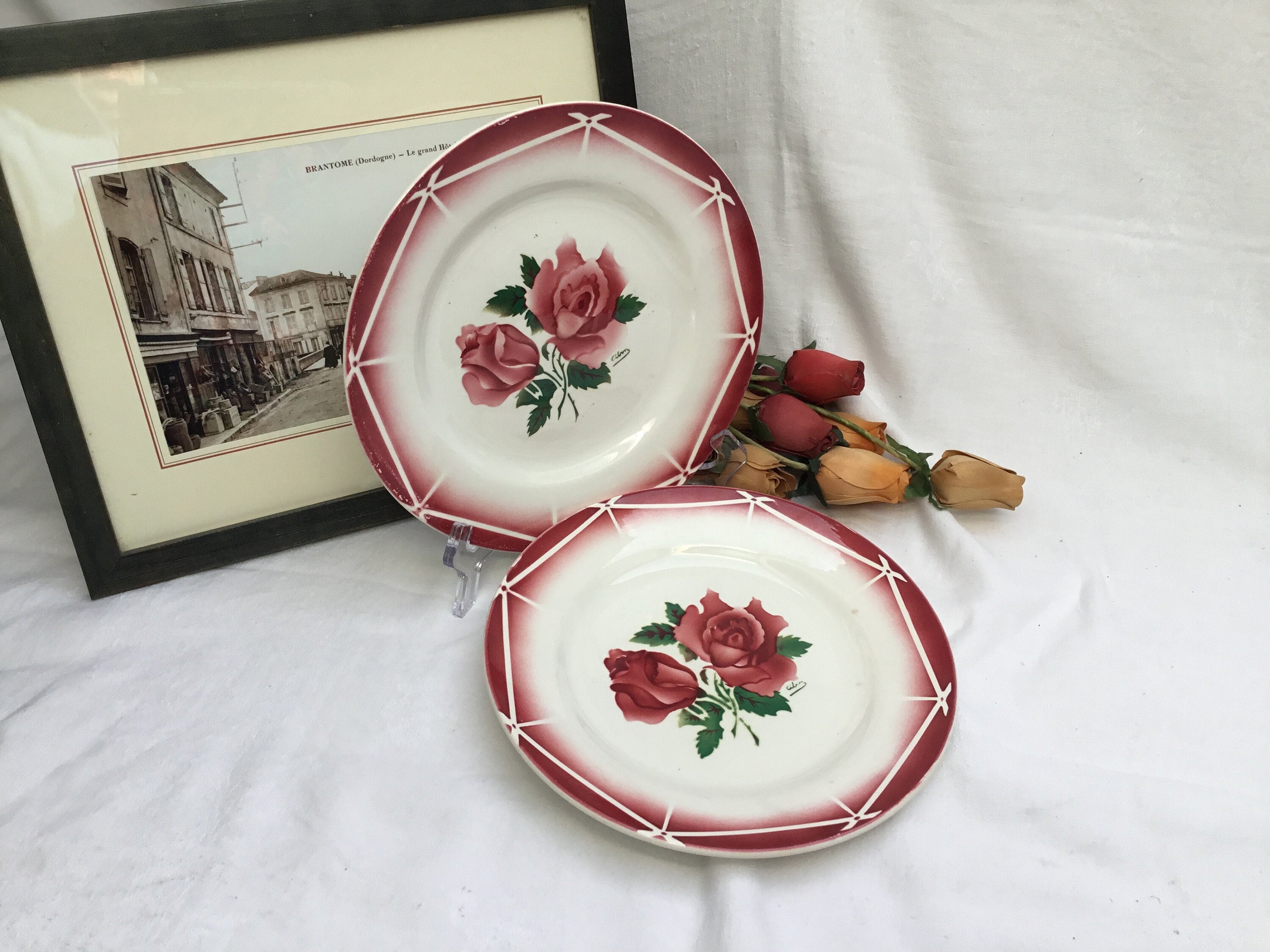 Set de 2 Millésimes, Digoin Sarreguemines, Cibon, Rose, Assiettes, Boho, Français Shabby Chic