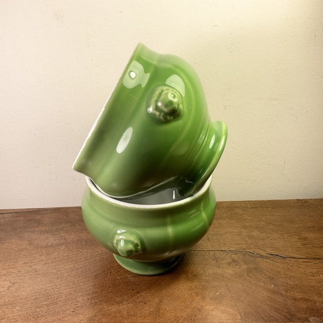 Rare 2 X Vintage, EMILE HENRY, Green, Glazed Ceramic, Lion Head Handle