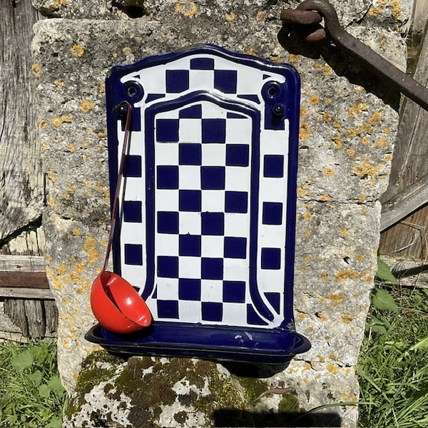 Vintage, French, Lustucru,  Sheet Metal Enamel, Blue and White Checks, Utensil Rack, Utility Rack, Kitchen Decor, Country Kitchen