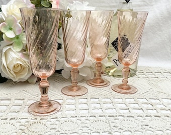 Set of 4, French, LUMINARC, Rosaline, Blush Pink, Swirl Glasses, Champagne Flutes, Pink Depression Glasses