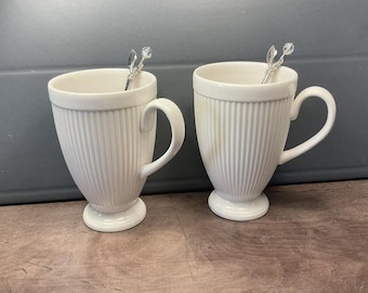 Wedgwood Windsor Mugs: Set of 2 Off-White Footed Ribbed Coffee Cups