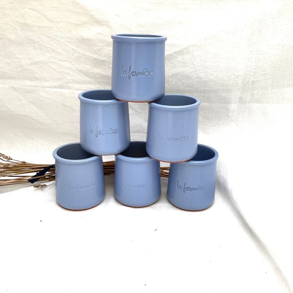 6 x VINTAGE, La Fermiere, bleu lavande, émaillé, terre cuite, pots de yaourt, décoration de table
