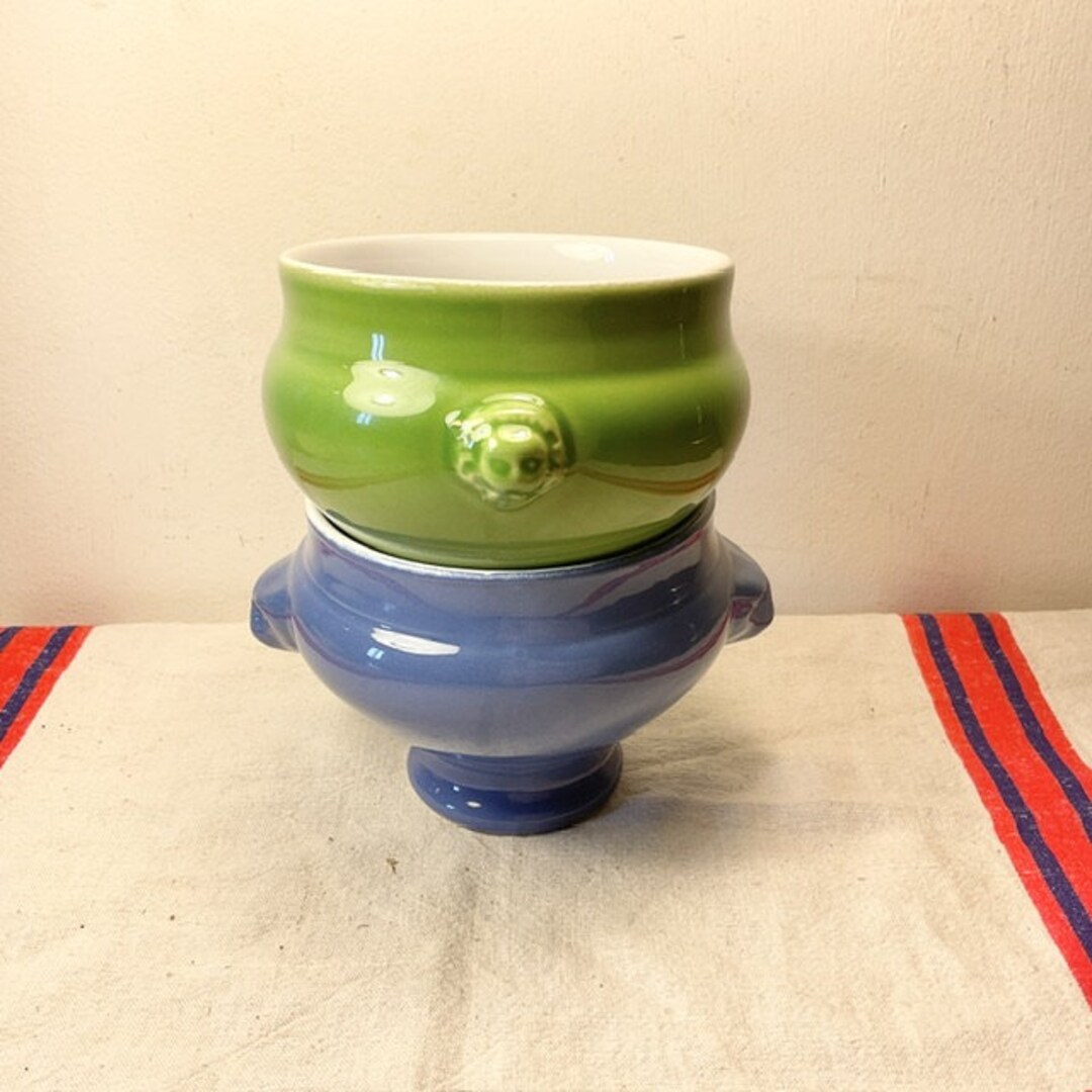 2 X Vintage, EMILE HENRY, Blue, Green, Glazed Ceramic, Lion Head Handle