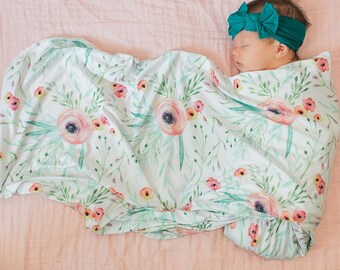 Swaddle floreale acquerello, coperta di bambù per bambini, neonata, fascia elastica per ragazze, pastello, regalo per la doccia per bambini