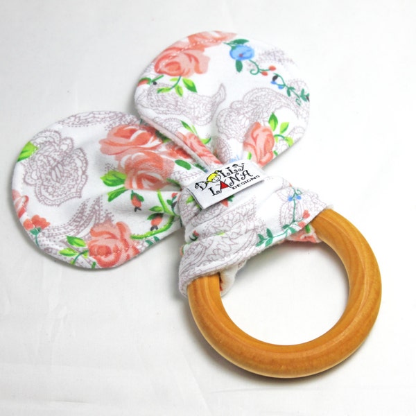 Organic teething ring, teething ring, wooden teething ring, organic wooden teething ring, baby shower gift, bunny ear teether, rose flowers