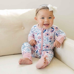 Blue Floral Zip Sleeper, Bamboo Baby Pajamas, Convertible Romper Toddler, Zippy