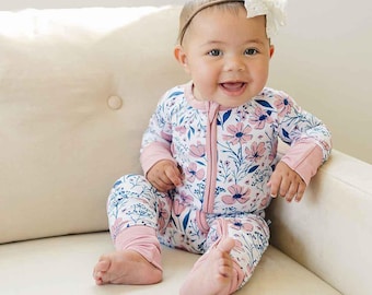 Blue Floral Zip Sleeper, Bamboo Baby Pajamas, Convertible Romper Toddler, Zippy