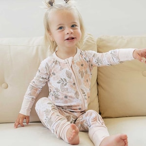 Beige Floral Bamboo Romper, Baby Bamboo Pajamas, Convertible Infant Romper, Baby Girl Sleeper Floral, Baby Shower Gift, Bamboo Baby Clothes