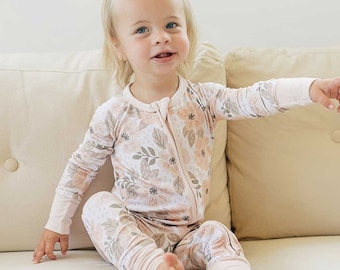 Beige Floral Bamboo Romper, Baby Bamboo Pajamas, Convertible