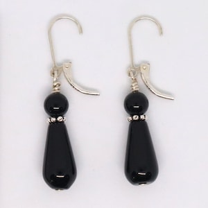 Sterling Silver Onyx Teardrop Dangle Earrings, handmade