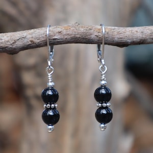 Sterling Silver Onyx Small Round Dangle Earrings, handmade