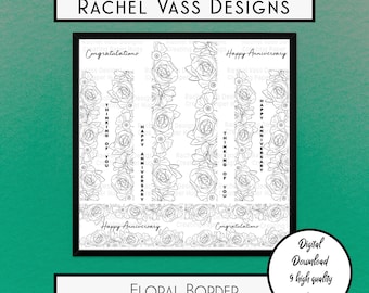 Floral Border Slimline hand drawn digital stamp, instant download, Digi Stamp, Rachel Vass Designs, clip art, flower drawing, line art