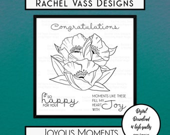 Joyous Moments hand drawn digital stamp, instant download, Digi Stamp, Rachel Vass Designs, clip art, flower drawing, line art, coloring