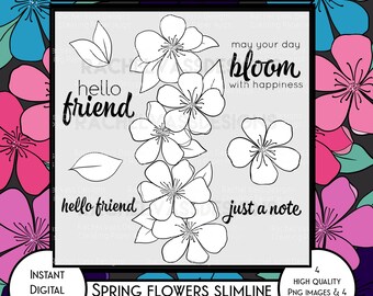 Spring Flowers + FREEBIE desk calendars, slimline, flower stamp, floral, Rachel Vass Designs, digital image, instant download, Digi Stamp,