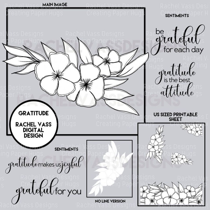 instant download line art Gratitude hand drawn digital stamp Digi Stamp FREEBIE 2021 Calendars clip art flowers Rachel Vass Designs