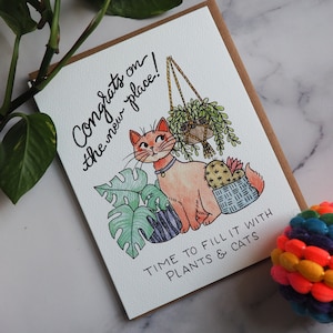 Carte de vœux nouvelle maison de chats et de plantes