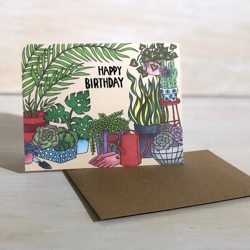Happy Birthday Plant Lover Illustrated Greeting Card Etsy