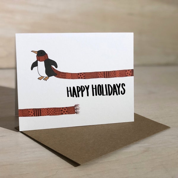 Happy Holidays Penguin in a Scarf Whimsical Illustrated Greeting Card
